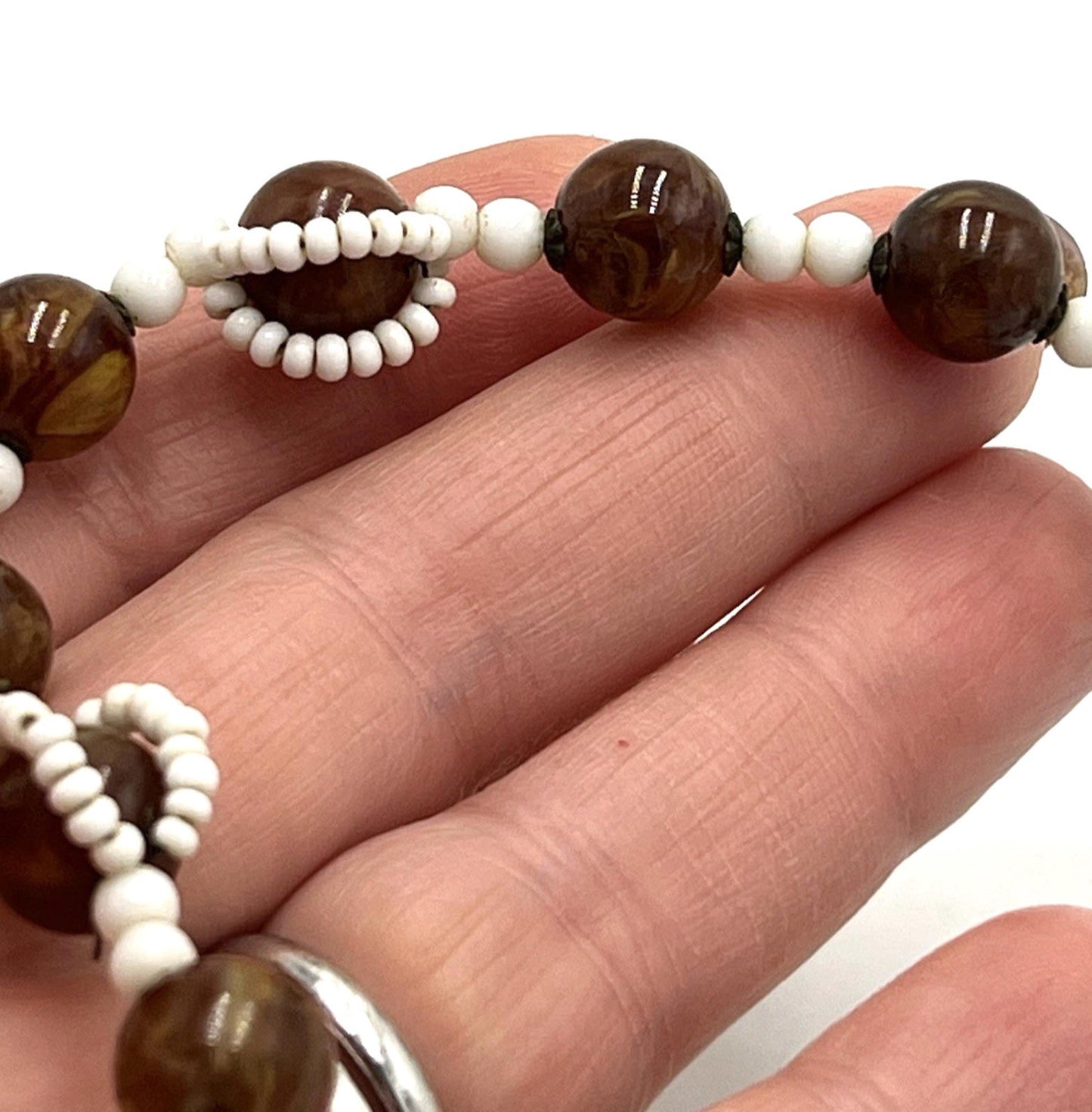 Vintage Miriam Haskell Bead Necklace Glass Brown And White Wrap Around BOX CLASP