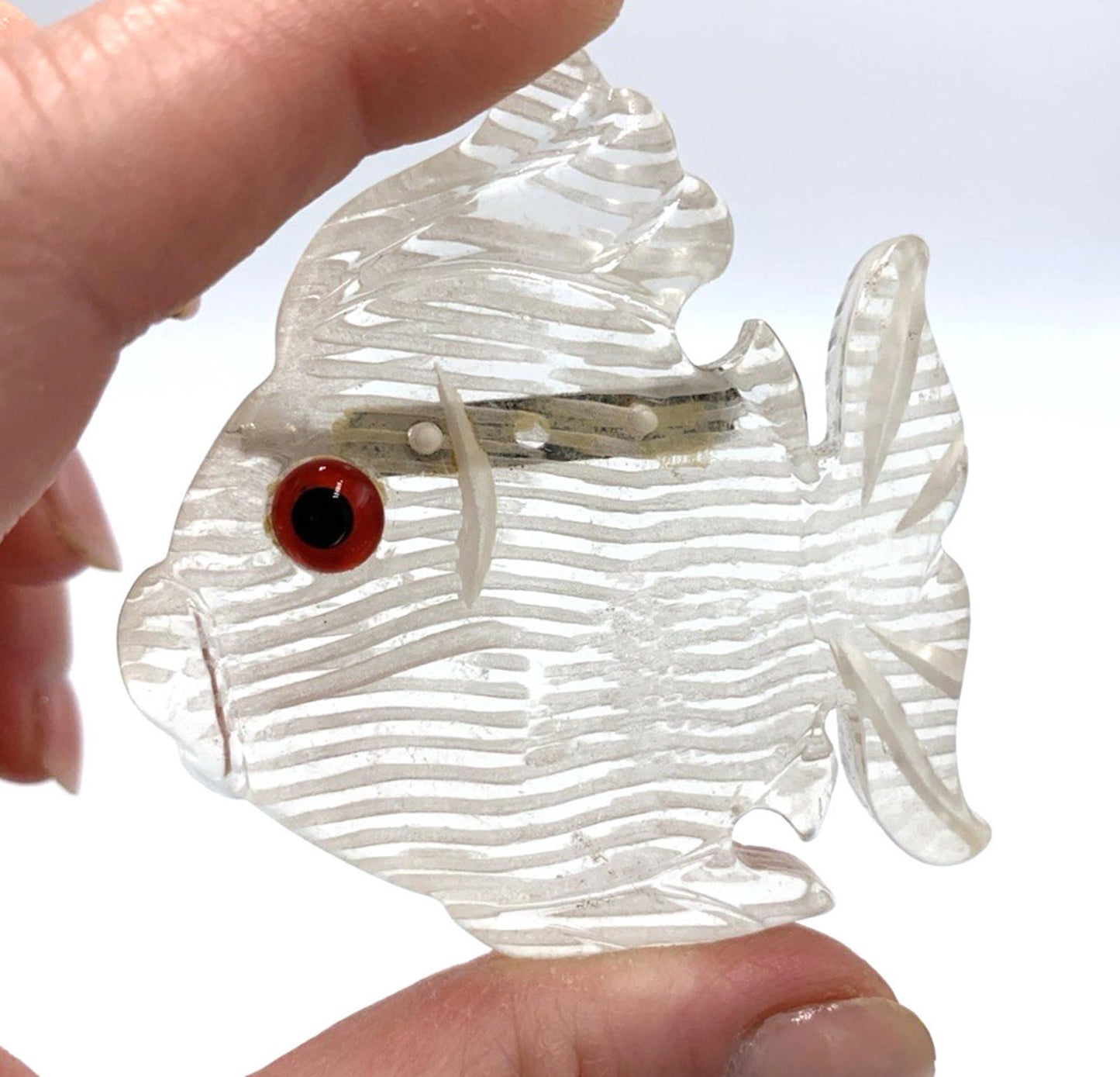 Vintage New Old Stock Clear Reversed Hand Carved Lucite Fish Brooch/Pin Red Eye