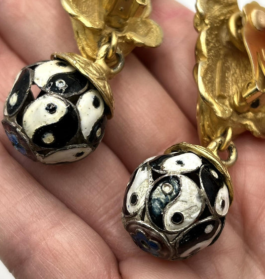 Glenn Miller Anne Turk Tree Frog Yin-Yang Cloisonné Earrings