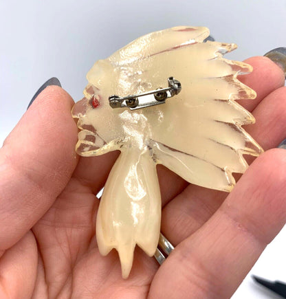 Vintage Mid Century Textured Native American Chief Cream Figural Lucite Brooch