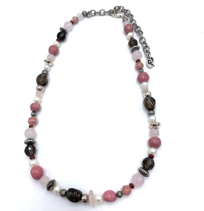 Carolyn Pollack Vintage Smoky Quartz Pink Rhodonite Sterling Bead Necklace