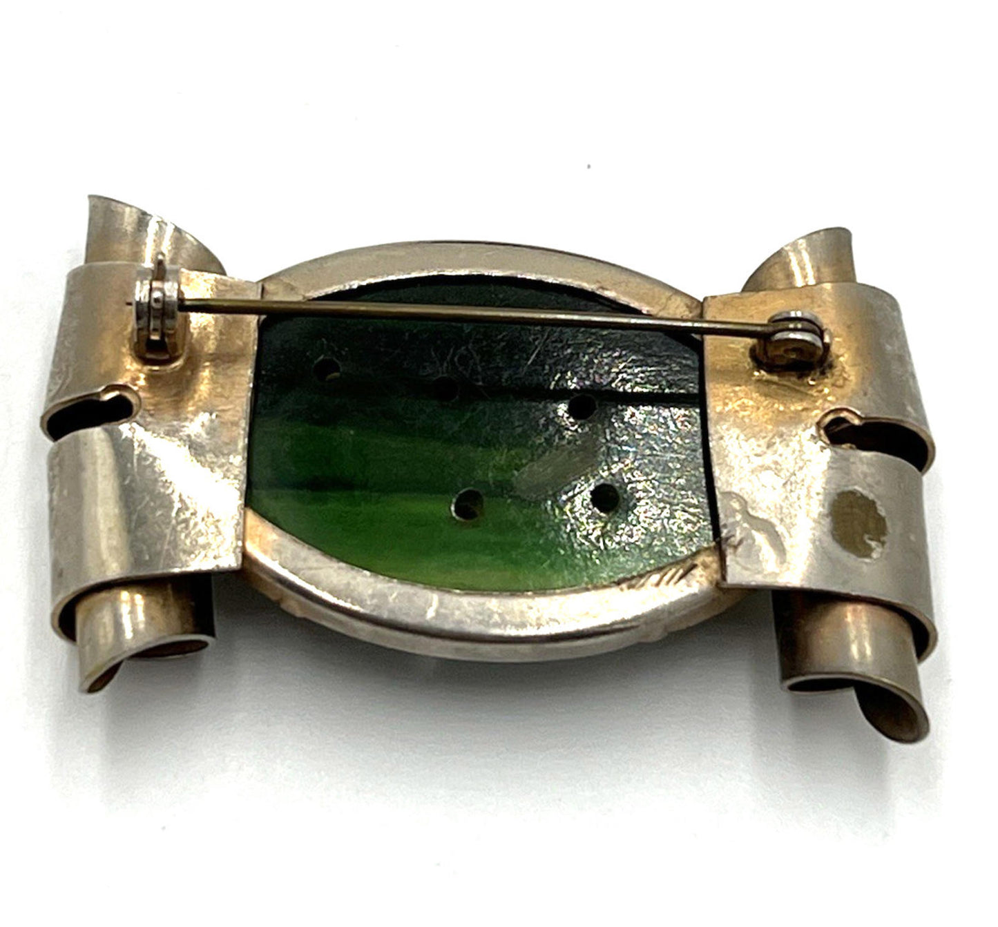 Deeply Carved Spinach Green Bakelite Art Deco Brooch