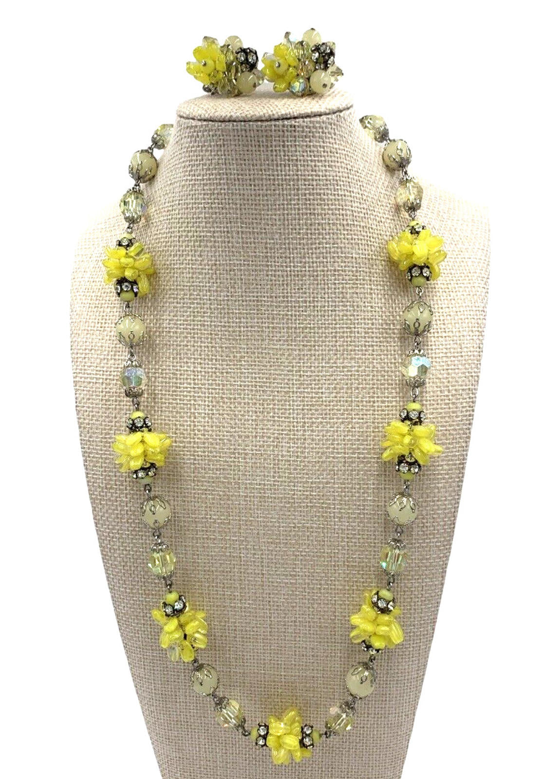 Vintage Vendome Set Yellow Glass Bead Cluster AB Necklace & Earrings Rare OOAK