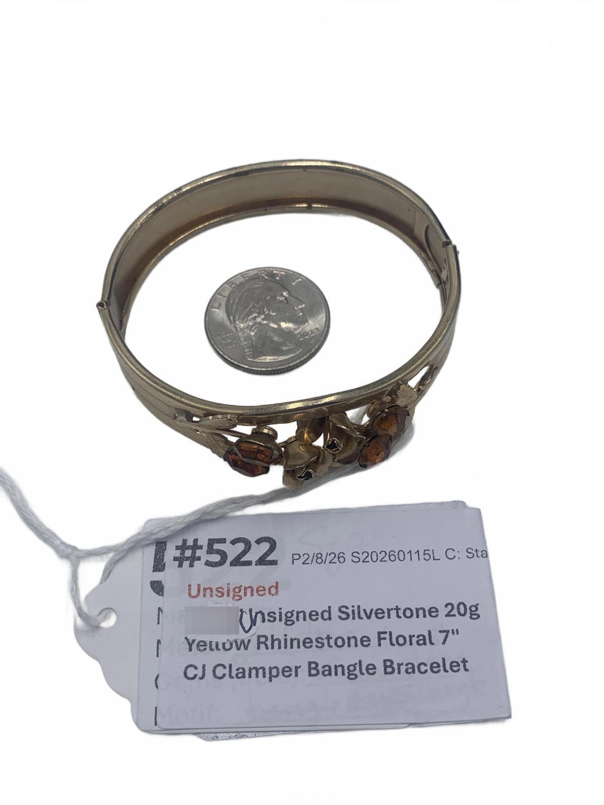 Unsigned Silvertone 20g Yellow Rhinestone Floral 7" Clamper Bangle CJ Bracelet