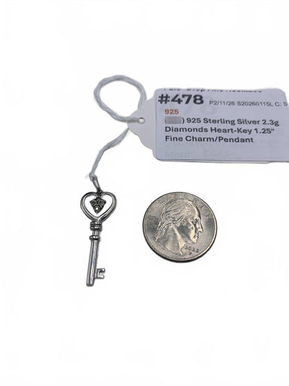 925 Sterling Silver 2.3g Diamonds Heart-Key 1.25" Fine Charm/Pendant