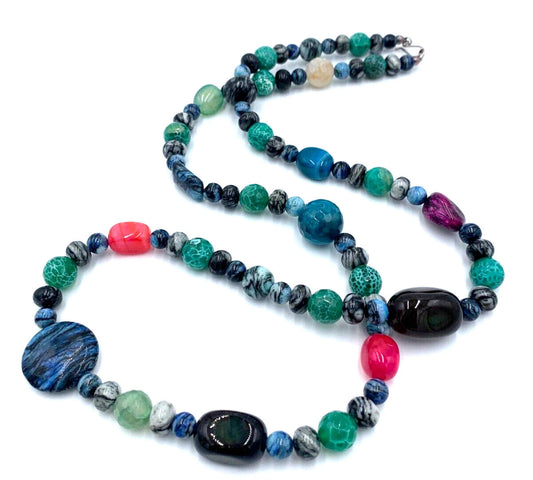DTR Jay King Multicolor Dyed Agate Mixed Shapes Beaded Sterling Silver Necklace