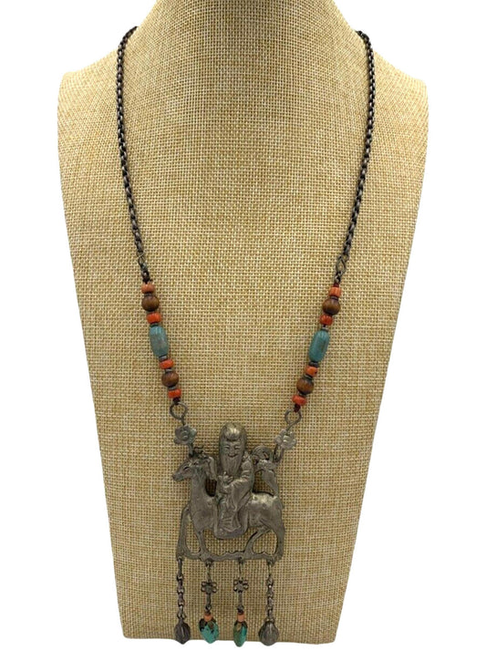 Antique Chinese Sterling Silver Qing Dynasty Pendant Old Man Riding Necklace