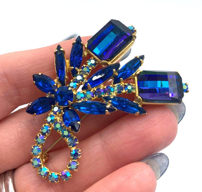 Verified Juliana Book Piece Faceted Blue Rhinestone Gold Tone Brooch Rare