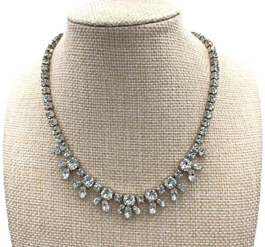 Vintage Sherman Clear Rhinestone Rhodium Plated Statement Necklace 14”-15.75”