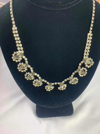 Unsigned Silvertone White & Black Rhinestone Abstract/Florets Necklace