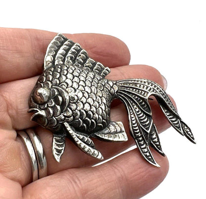 VINTAGE MEXICO Sterling Silver Figural Textured Koi Fish Large Brooch/Pin