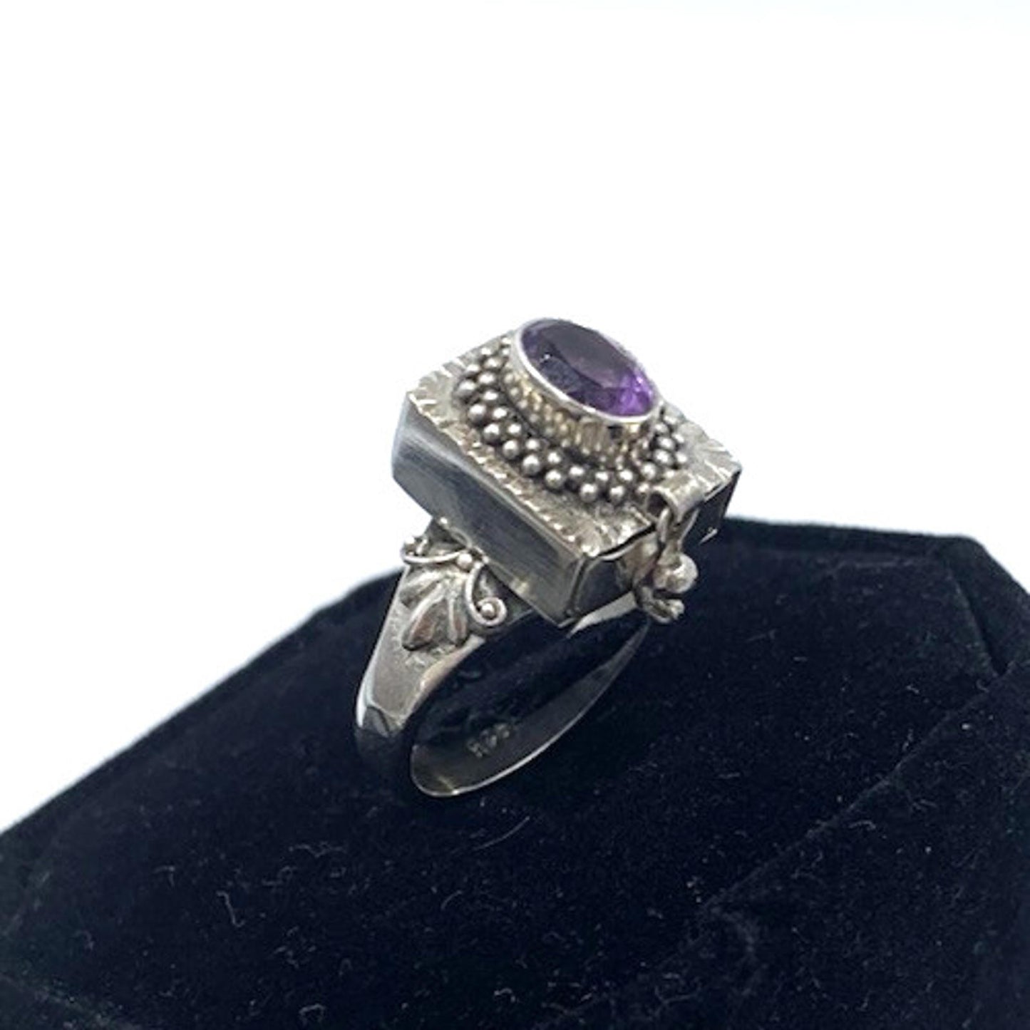 Vintage Art Deco Amethyst Poison Pill Pull Out Drawer Box Sterling Silver Ring