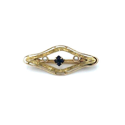 Victorian 10K Gold Seed Pearl Blue Stone Etched Bar Brooch