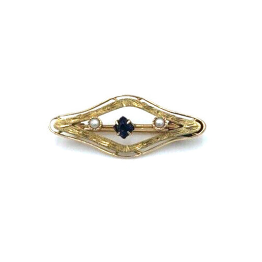 Victorian 10K Gold Seed Pearl Blue Stone Etched Bar Brooch