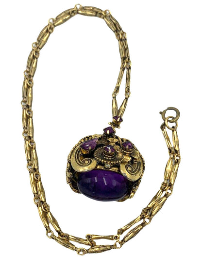 Vintage Victorian Revival Genuine Large Amethyst Cabochon Gold Tone Necklace 25"