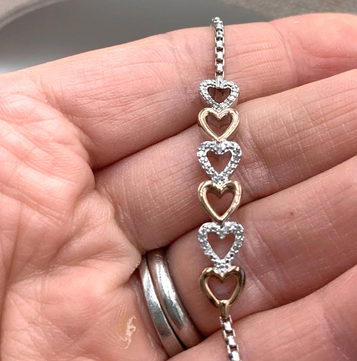 14kt Rose Accent Gold Diamond Open Heart Adjustable Bracelet