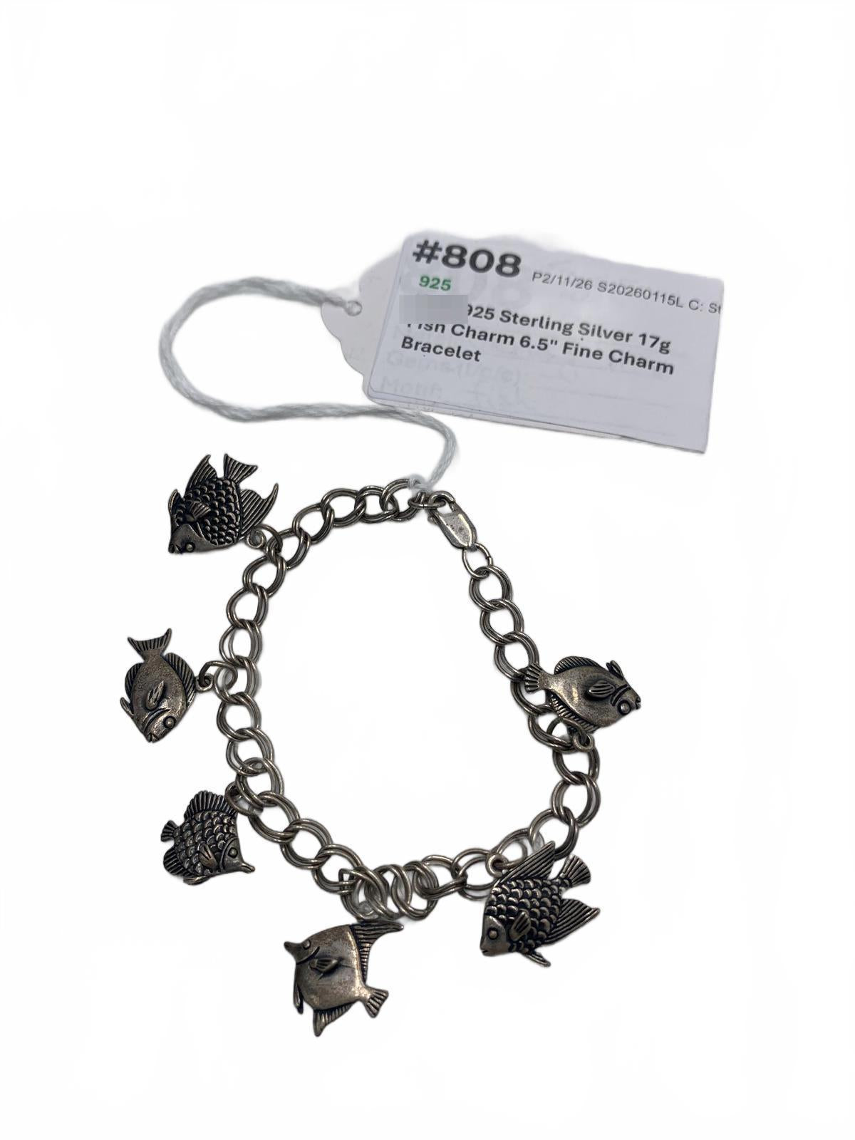 925 Sterling Silver 17g Fish Charm 6.5" Charm Fine Bracelet