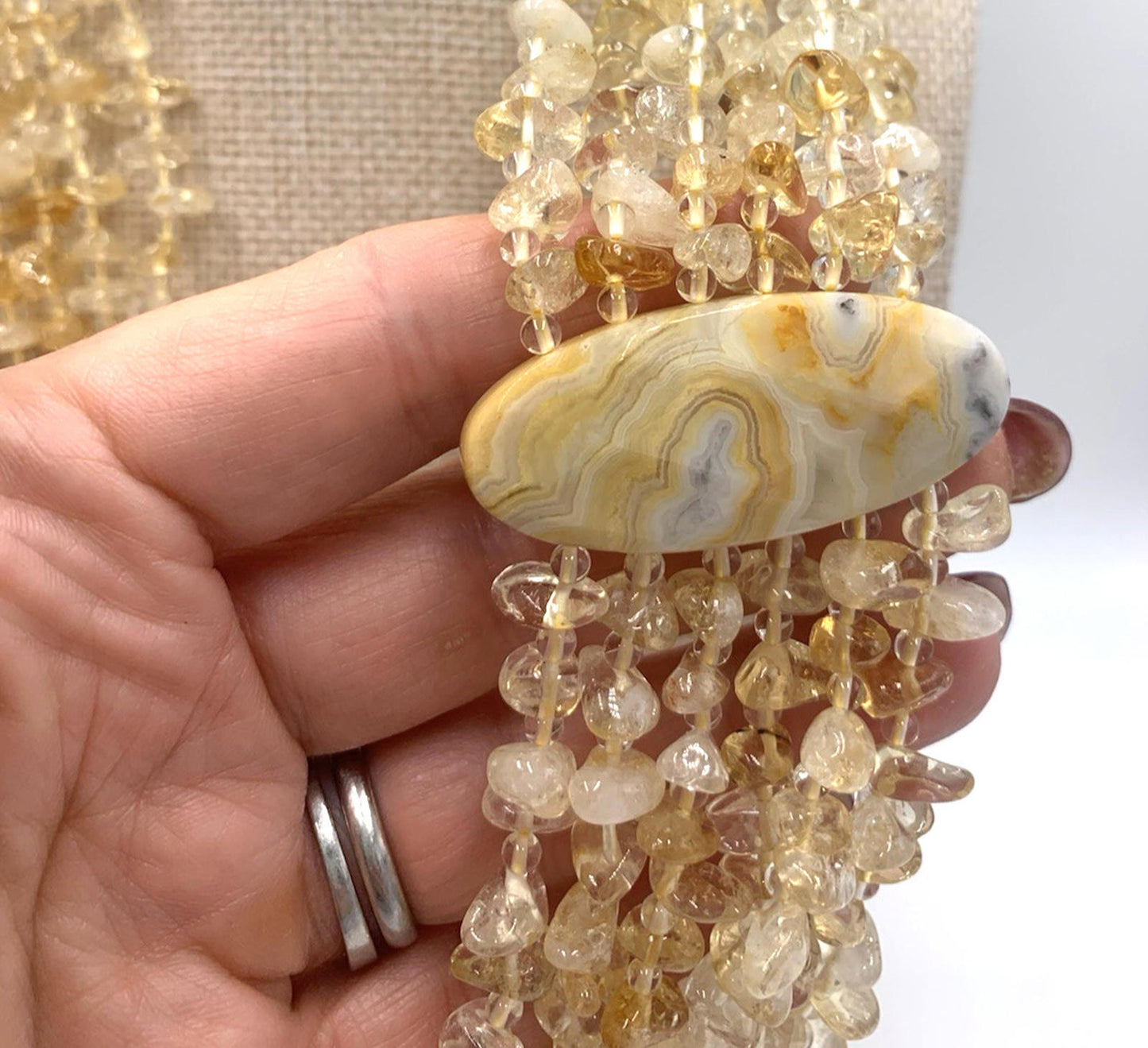 Multi Six Strand Citrine Large Agate Stone Sterling Silver Clasp Necklace 20.5"