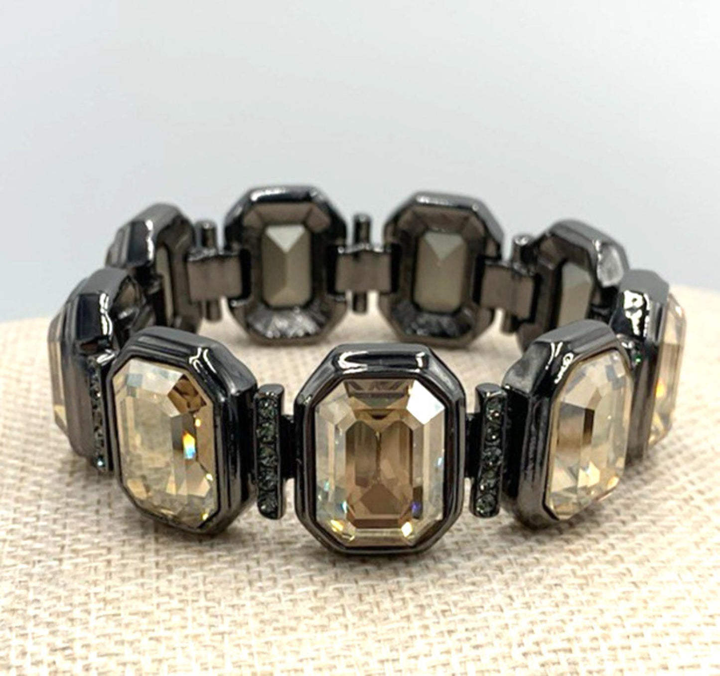 Vintage JUDITH LEIBER Champagne Tone Rhinestone Statement Runway Bracelet 7.5”