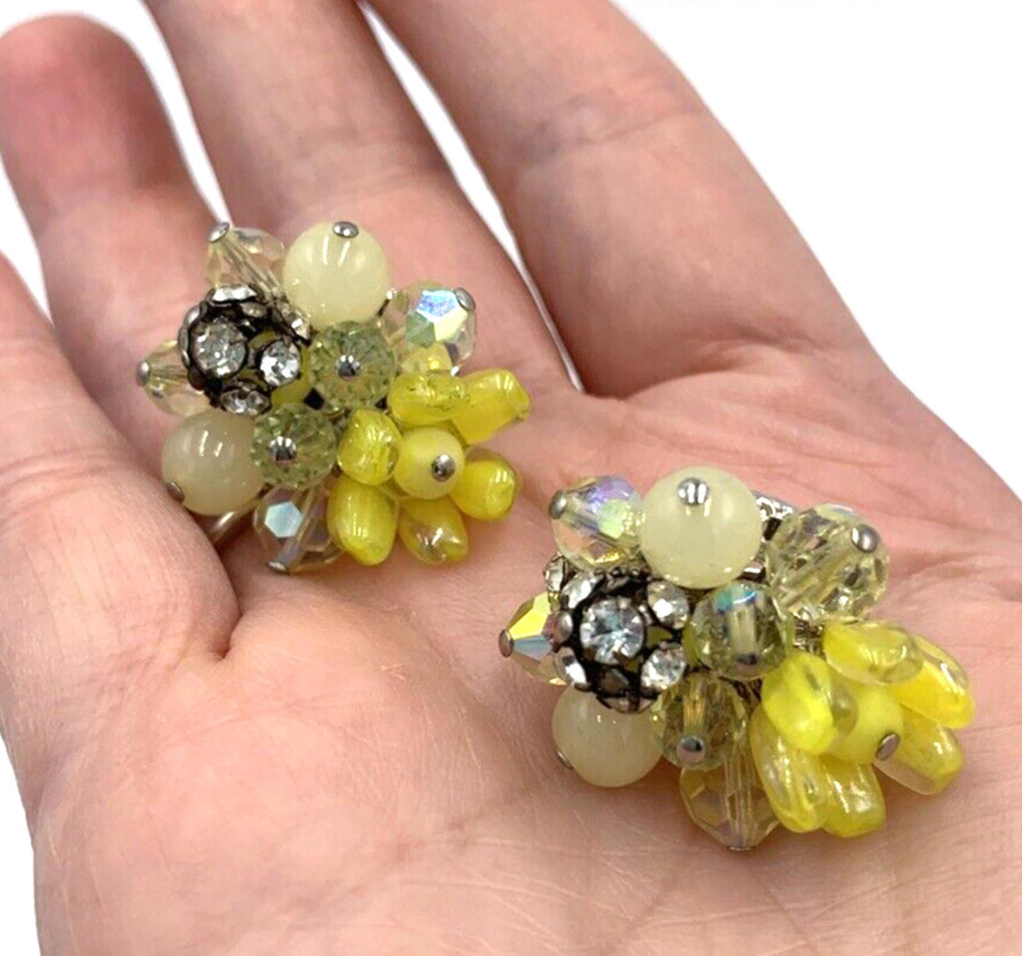 Vintage Vendome Set Yellow Glass Bead Cluster AB Necklace & Earrings Rare OOAK
