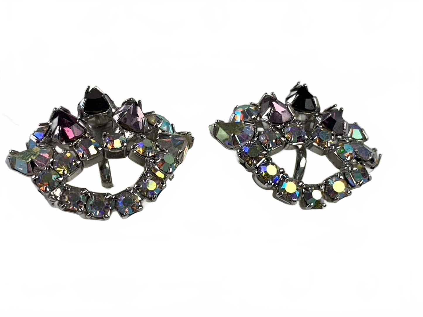Silvertone Purple and Aurora Borealis Rhinestone Crown Screw-Down Earrings