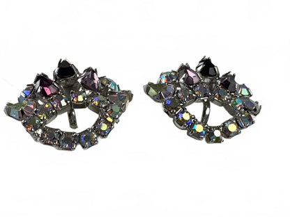 Silvertone Purple and Aurora Borealis Rhinestone Crown Screw-Down Earrings