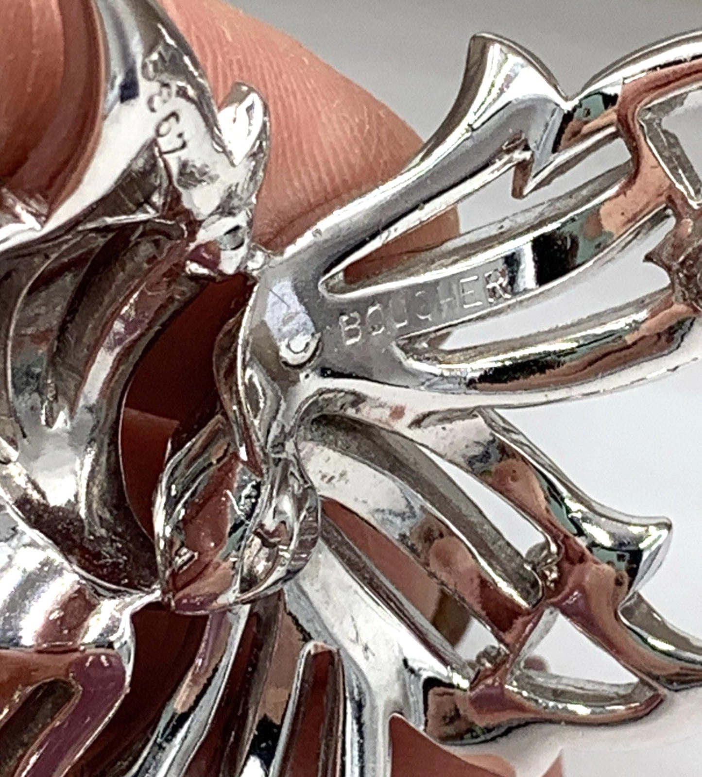 Marcel Boucher Rhodium Plated Clear Rhinestone Leaf Brooch