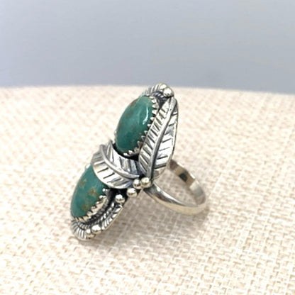 New Old Stock Vintage Sterling Silver Navajo Two Green Turquoise Stone Ring 10