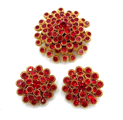 Vintage Judy Lee Clustered Dome Ruby Red Rhinestone Gold Tone Demi Parure Signed