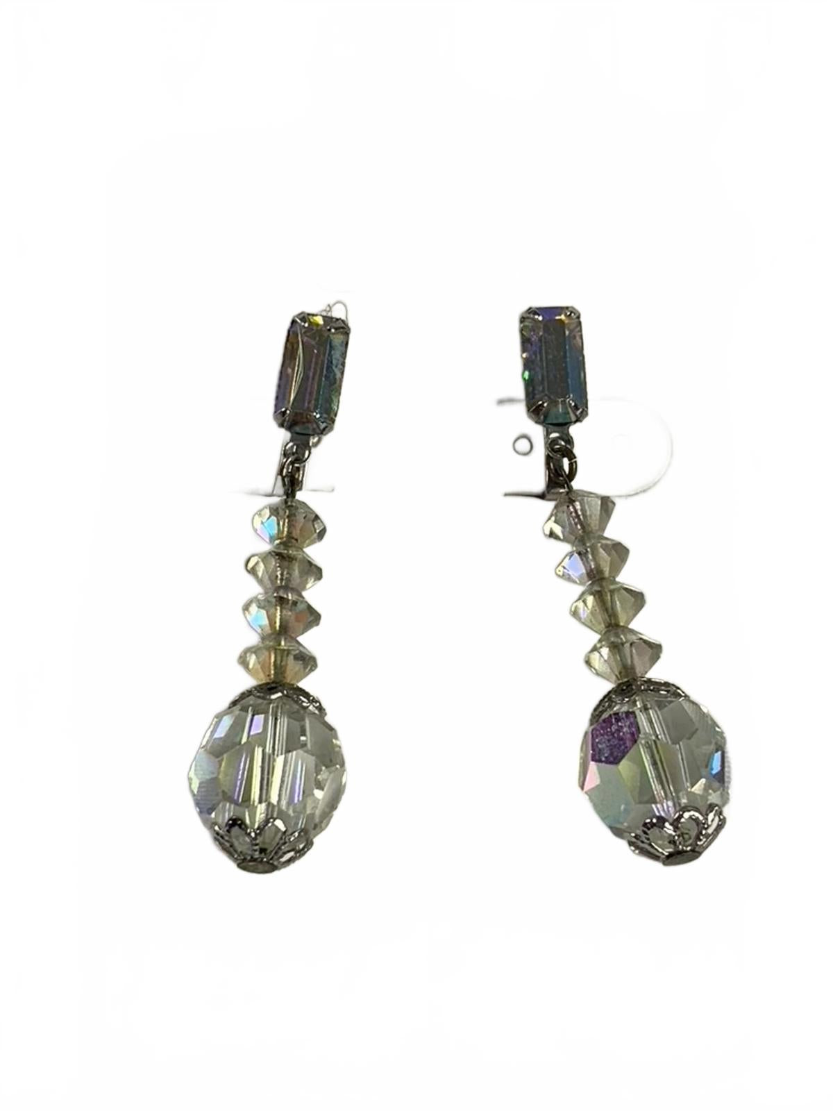 Louis Segal California Silvertone Aurora Borealis Dangles Clip-On Earrings