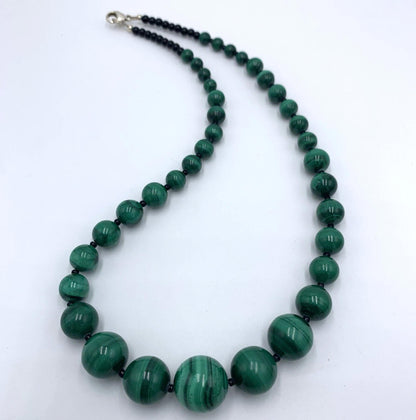 Vintage Genuine Malachite Necklace Graduated Beads Glass Spacer Sterling Clasp