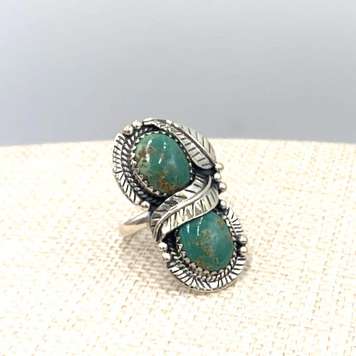 New Old Stock Vintage Sterling Silver Navajo Two Green Turquoise Stone Ring 10