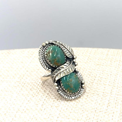 New Old Stock Vintage Sterling Silver Navajo Two Green Turquoise Stone Ring 10