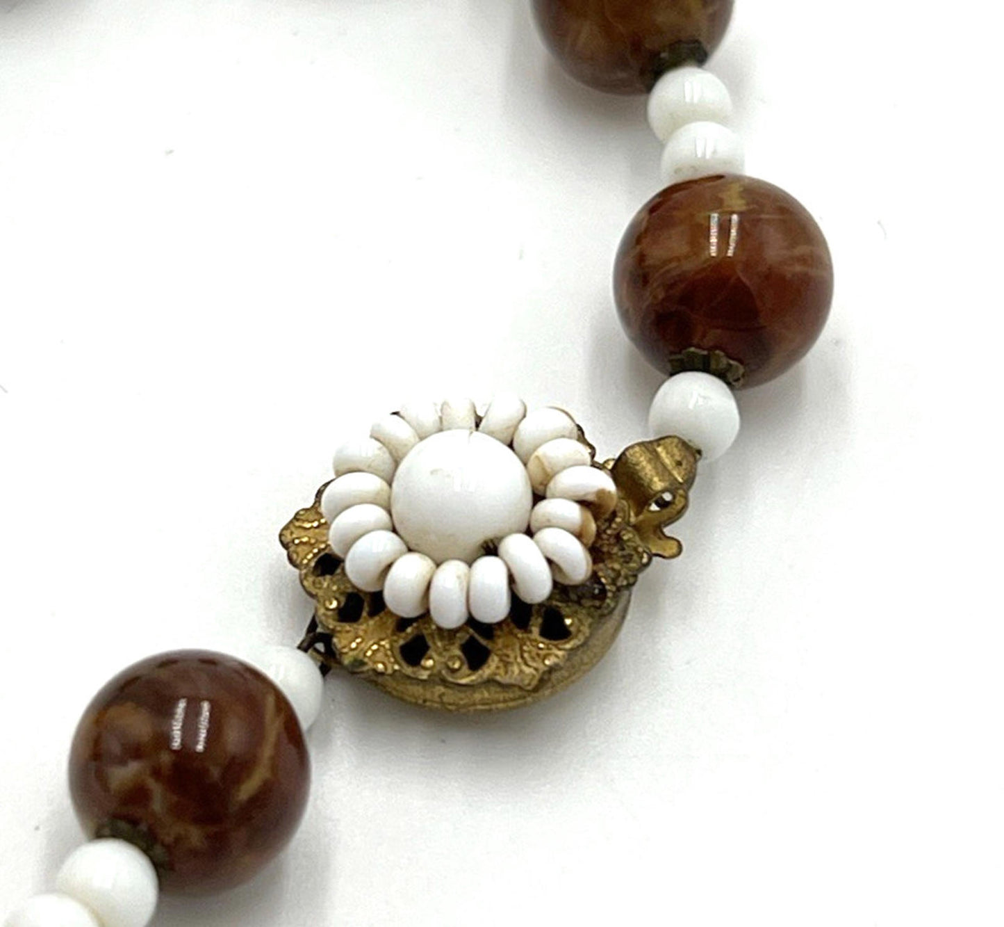Vintage Miriam Haskell Bead Necklace Glass Brown And White Wrap Around BOX CLASP