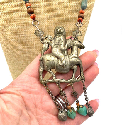 Antique Chinese Sterling Silver Qing Dynasty Pendant Old Man Riding Necklace