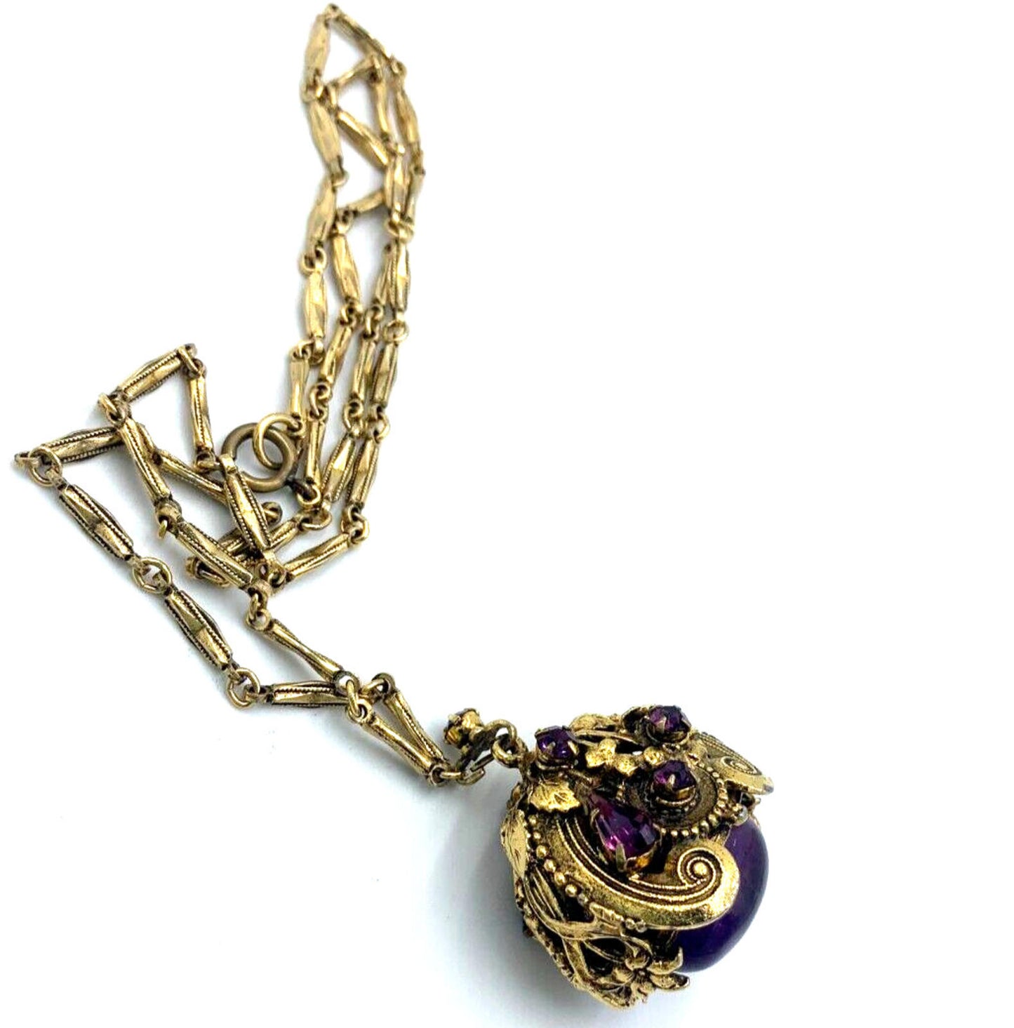 Vintage Victorian Revival Genuine Large Amethyst Cabochon Gold Tone Necklace 25"