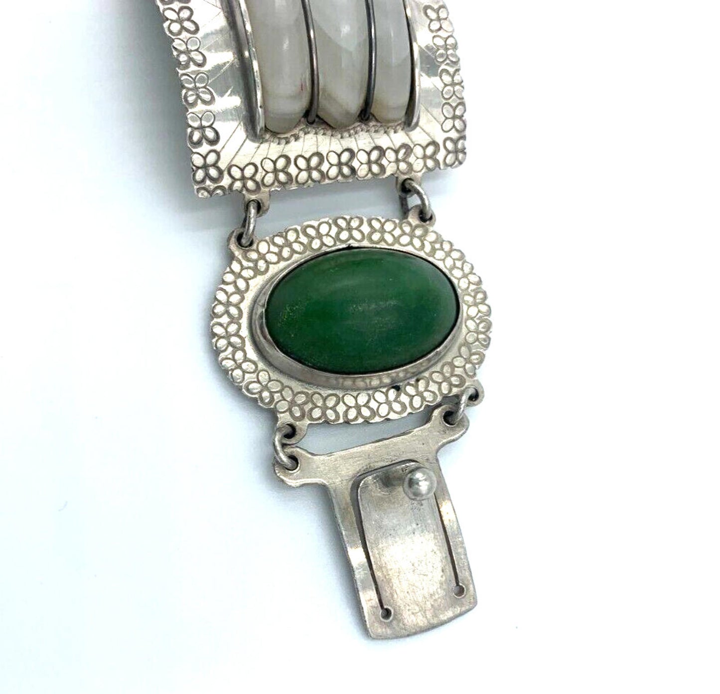 Vintage Artisan Handcrafted Sterling Silver Quartz Nephrite Wide Bracelet Mexico