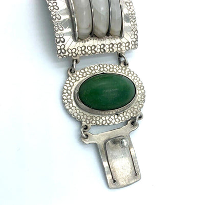 Vintage Artisan Handcrafted Sterling Silver Quartz Nephrite Wide Bracelet Mexico