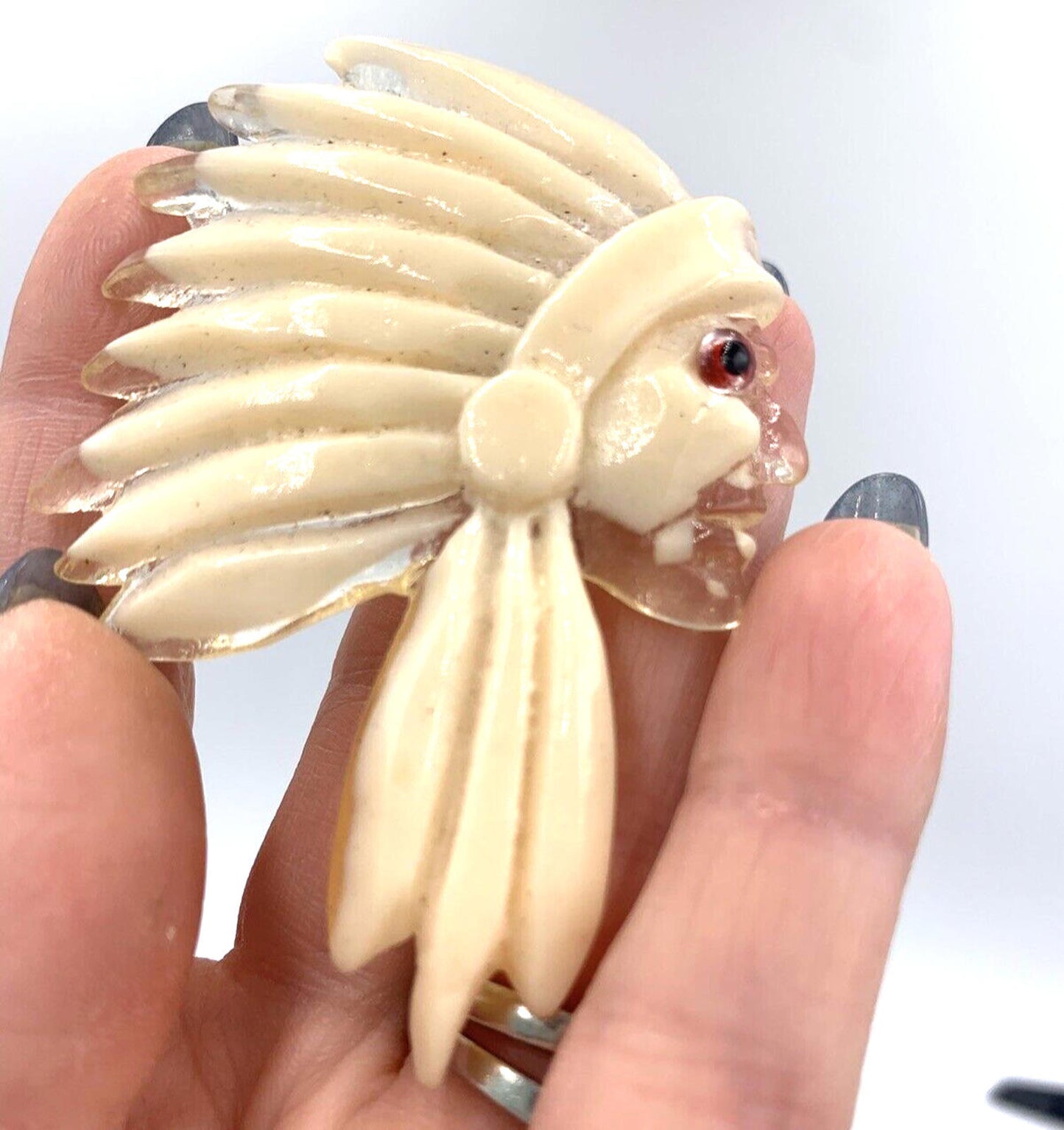 Vintage Mid Century Textured Native American Chief Cream Figural Lucite Brooch