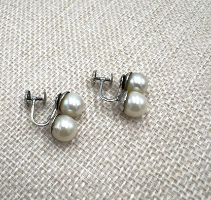 14K White GOLD Genuine Double PEARL Screw Back Drop EARRINGS Non-Pierced