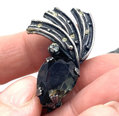 MCM Art Deco Rhinestone Teardrop Clip On Sterling Silver Earrings Patent Pending