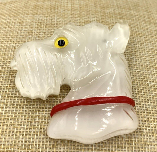 New Old Stock Vintage Lucite Reverse Carved Scotty Dog Brooch/Pin White Red