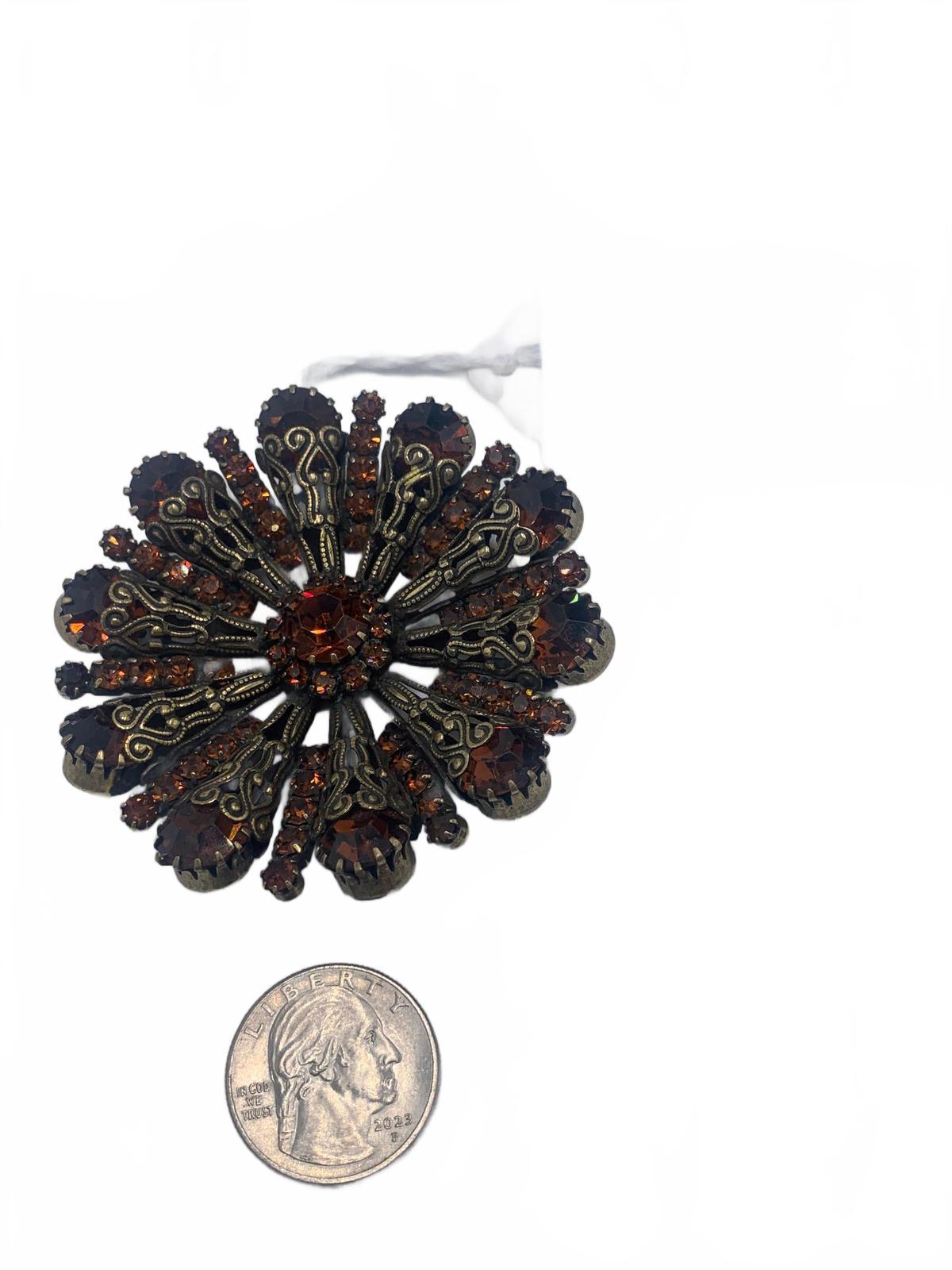 Unsigned Vendome Goldtone Copper Rhinestone Radial/Sunburst Filigree Brooch