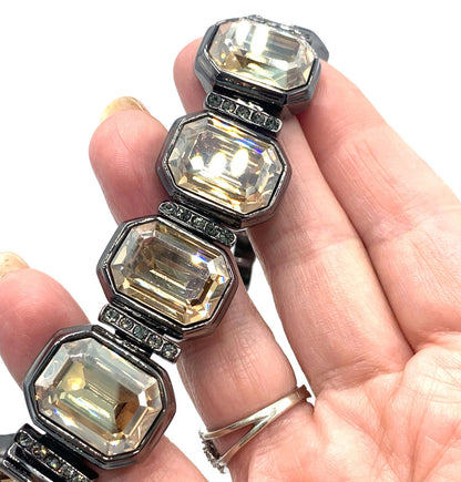 Vintage JUDITH LEIBER Champagne Tone Rhinestone Statement Runway Bracelet 7.5”