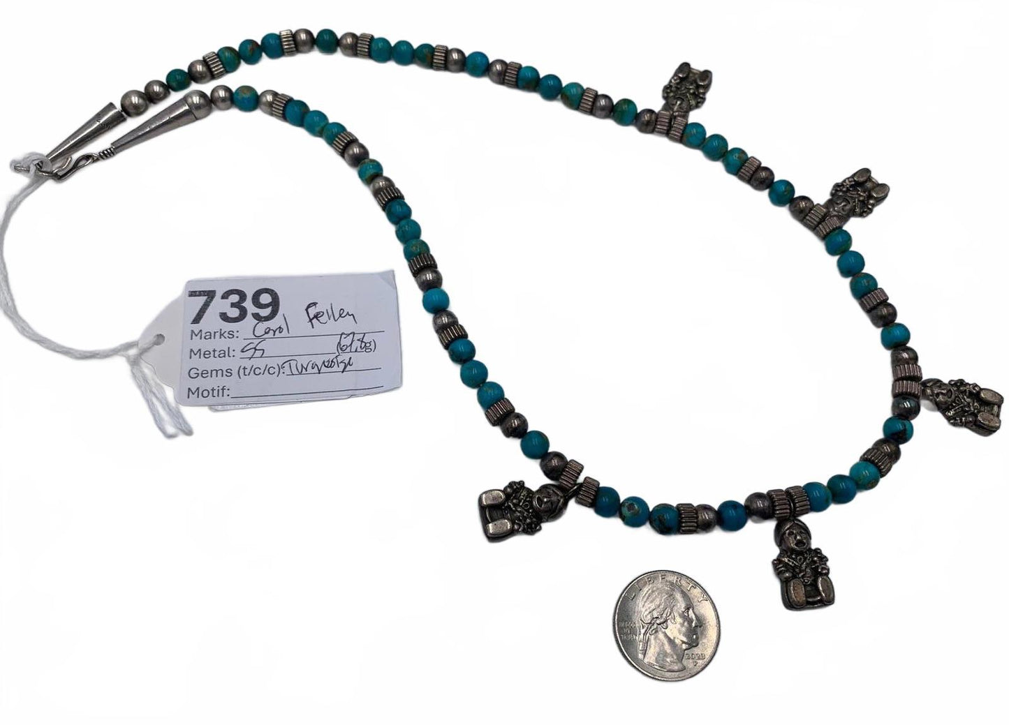 Carol Felley Turquoise Beaded Story Teller Necklace w/Sterling Silver Enhancers