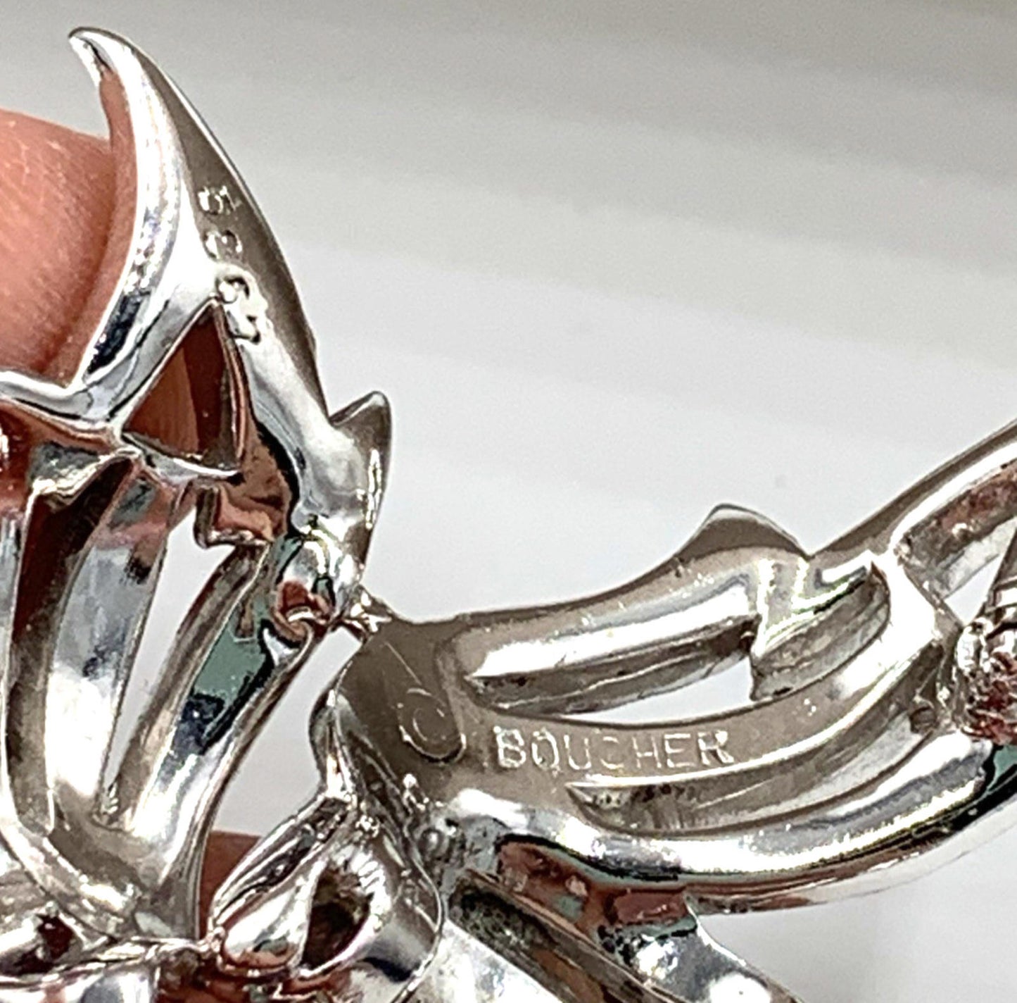 Marcel Boucher Rhodium Plated Clear Rhinestone Leaf Brooch