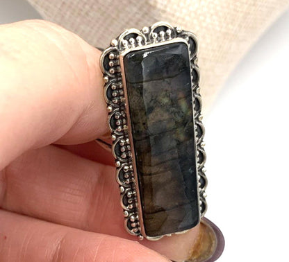 New Old Stock Native American Navajo Labradorite Sterling Silver Ring 9.5