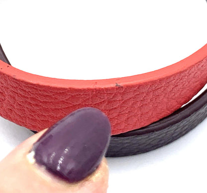 Henri Bendel Two Tone Red Brown Leather Wrap Bracelet Silver Tone Clasp