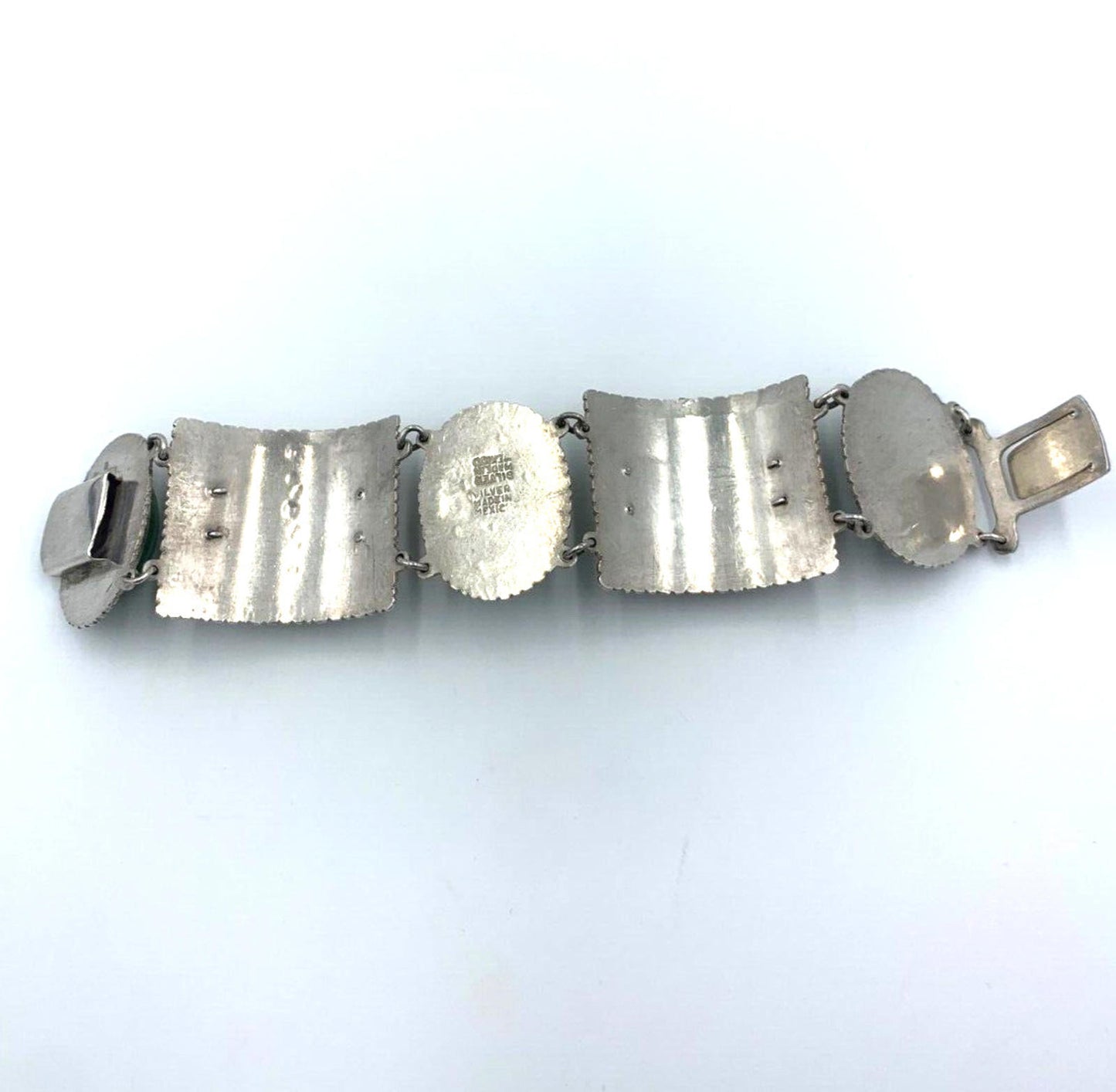 Vintage Artisan Handcrafted Sterling Silver Quartz Nephrite Wide Bracelet Mexico