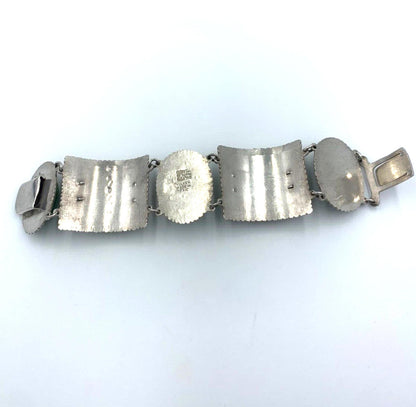 Vintage Artisan Handcrafted Sterling Silver Quartz Nephrite Wide Bracelet Mexico